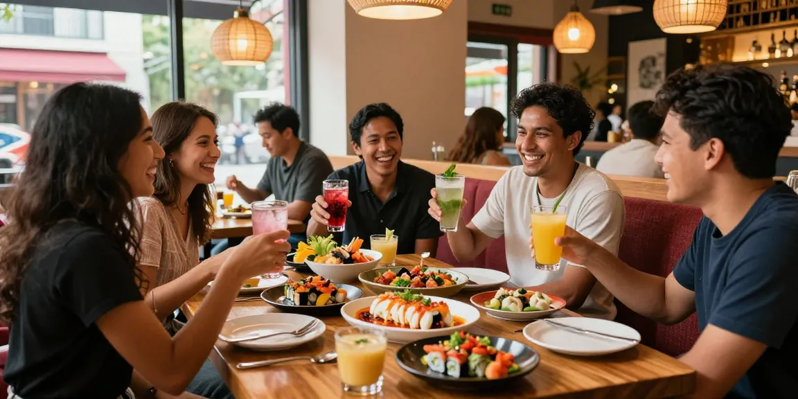 Friends enjoying delicious Asian fusion dishes at Red88 restaurant, highlighting vibrant atmosphere and culinary delights.