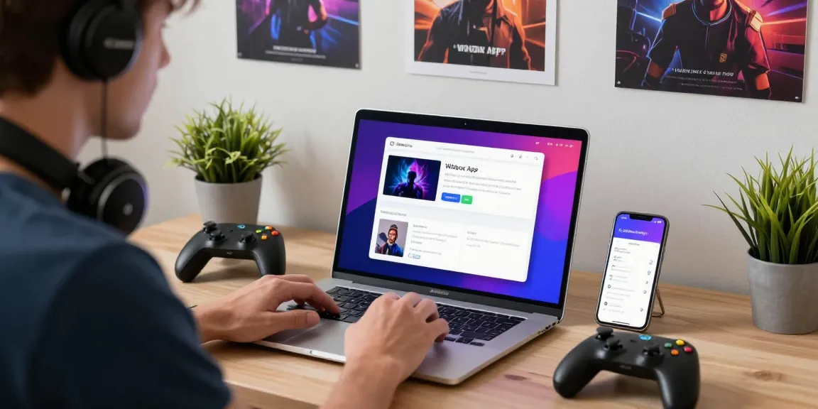 Downloading the Winbox App on a laptop in a modern gaming workspace.