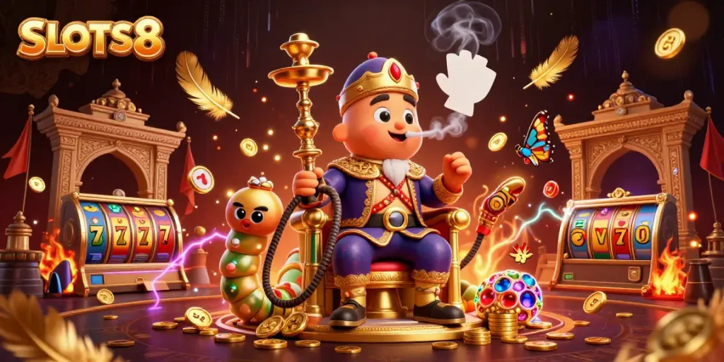 SLOTS8 offers a vibrant 3D casino scene with a colorful caterpillar character, slot reels, and poker symbols.