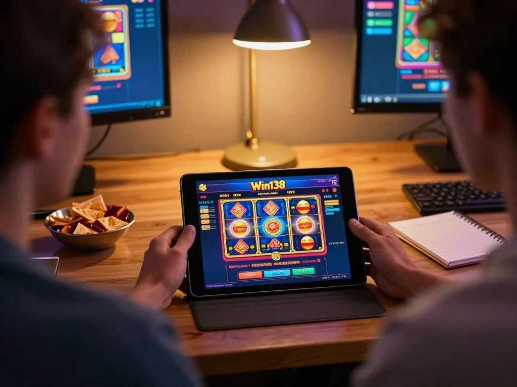 Engaging home gaming setup with a player using the Win138 casino app on a tablet, highlighting online slot gameplay.