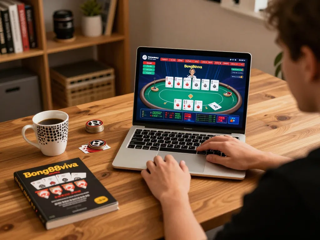 Bong88viva online gaming session featuring a cozy desk setup with poker gameplay on screen.