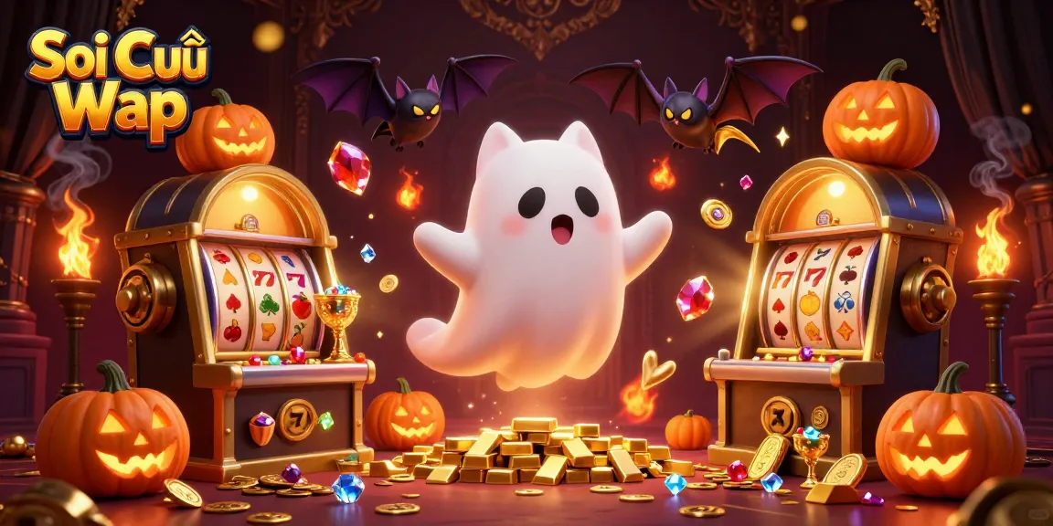 Soi Cầu Wap showcases a vibrant 3D cartoon scene of a ghost cat winning in a haunted casino.