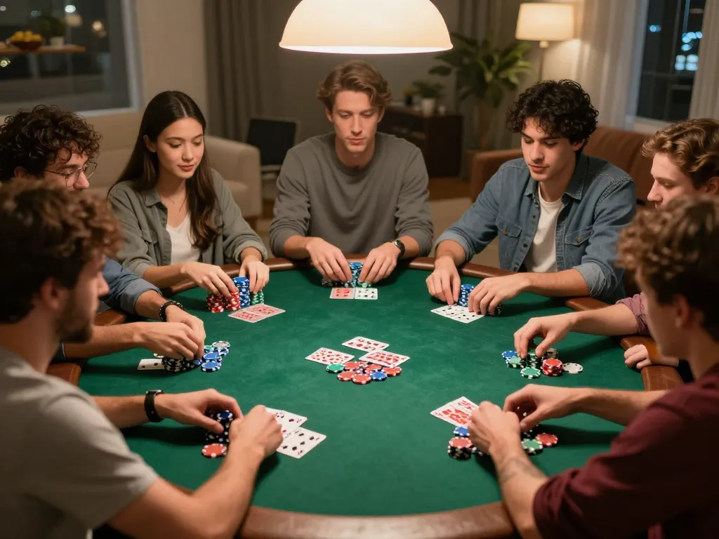 Cwin players strategizing during an engaging home poker game with colorful chips and friendly competition.