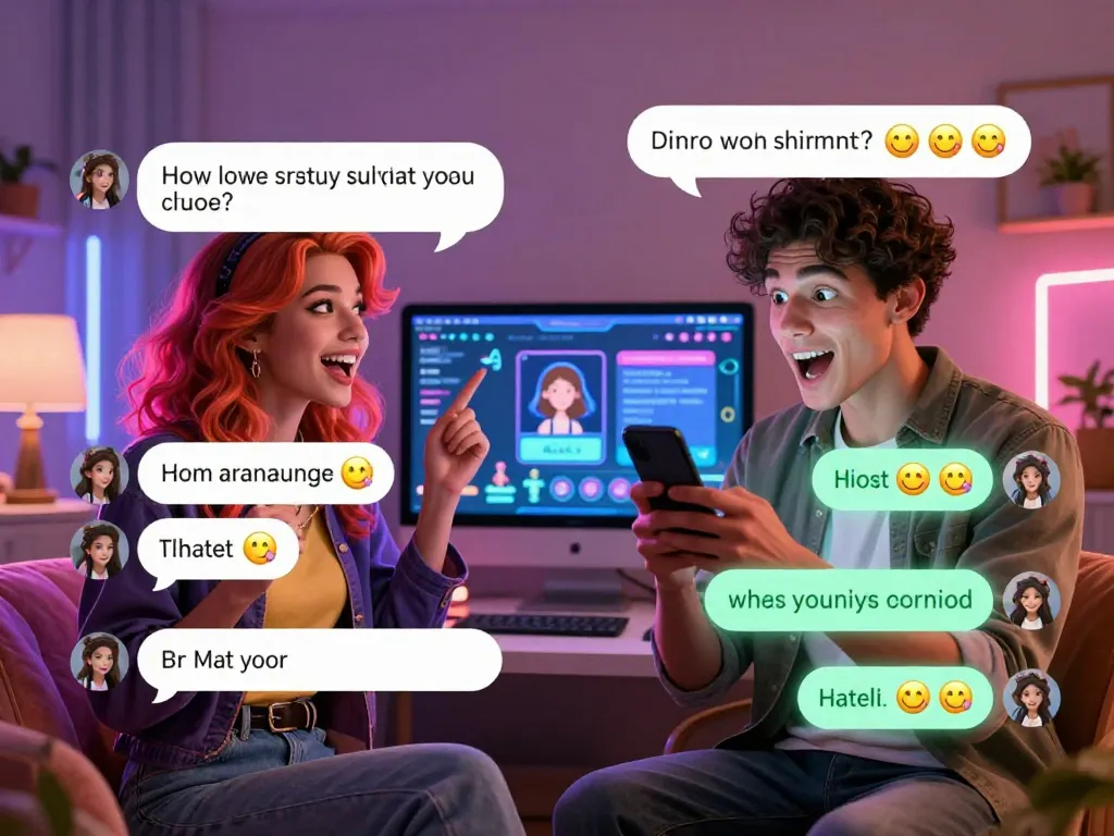 Engage with ai nsfw chat in a lively digital scene with interactive avatars expressing playful emotions.