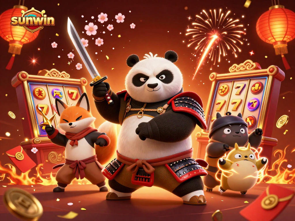 Win big with sunwin featuring a samurai panda, ninja fox, and magical energy in a vibrant casino scene.