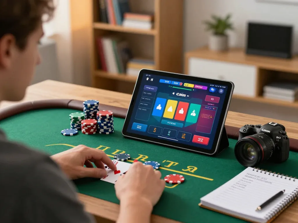 Seorang pemain menggunakan antarmuka blackjack online hwg500, dengan chip poker berwarna-warni dan catatan strategi di setting rumah yang nyaman