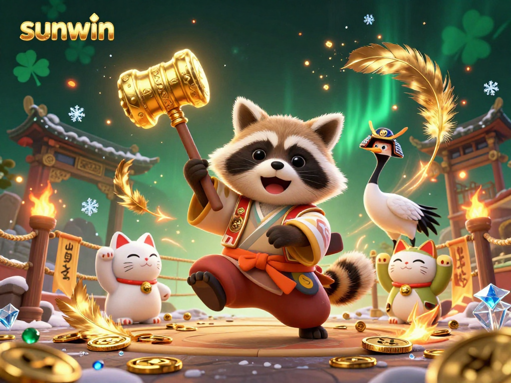 Win with sunwin as a cheerful tanuki and friends celebrate in a vibrant casino scene.