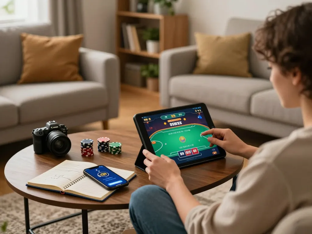 Enjoying poker action online with god55 app on tablet amid cozy home environment.
