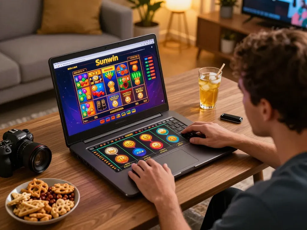 Engaging in online gambling at Sunwin with vibrant slots game displayed on a laptop in a cozy home.