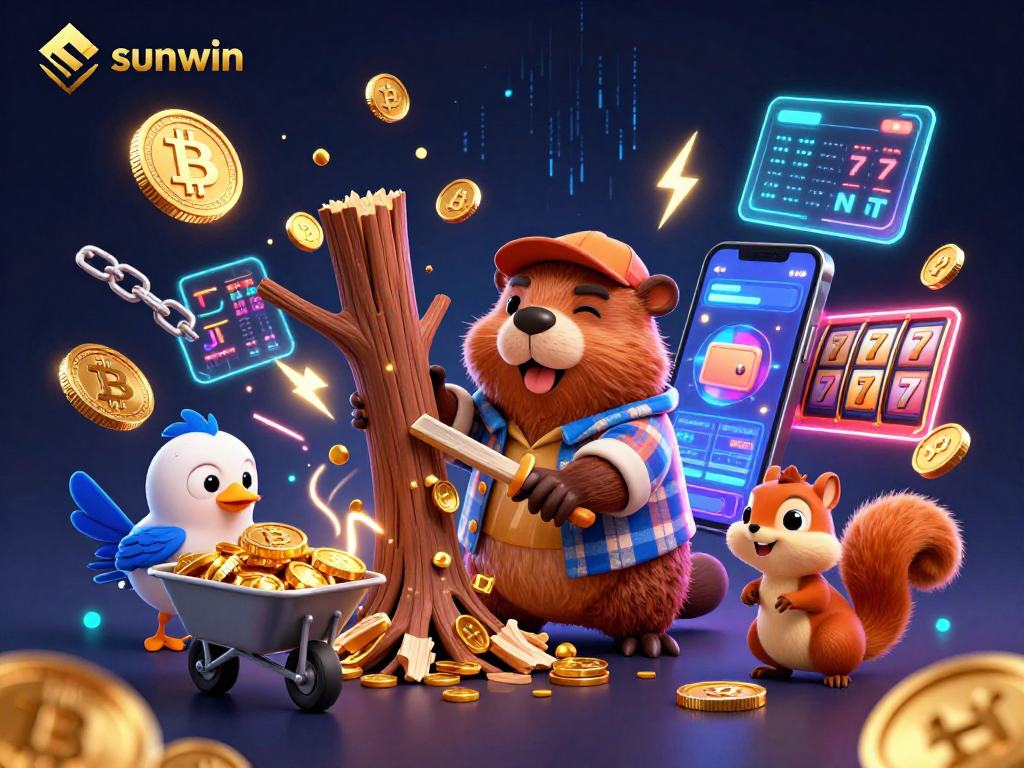 Engage with sunwin's exciting slots through a vibrant scene featuring a beaver collecting golden coins.