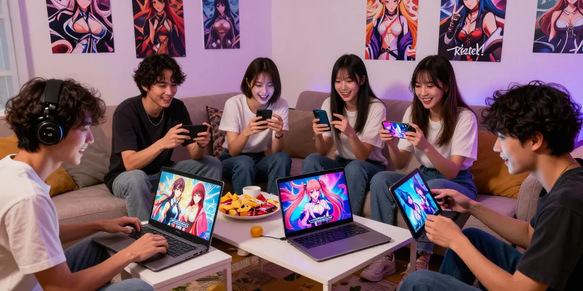 Friends enjoy playing free hentai games on multiple devices in a cozy living room.