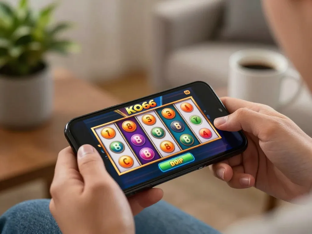 Chơi slot KO66 trên smartphone với hình ảnh sống động trong không gian ấm cúng tại nhà