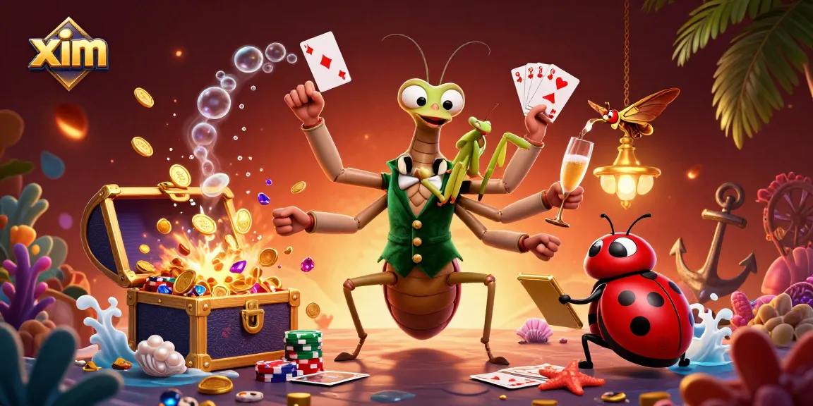 Engage in thrilling games with xim as a praying mantis card sharp deals cards, surrounded by treasures.