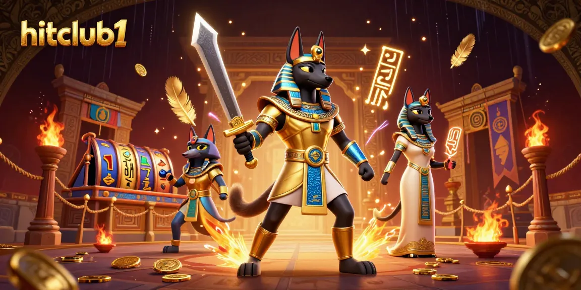 Spin to win at hitclub1 with an exhilarating 3D Egyptian theme featuring Anubis and Bastet.