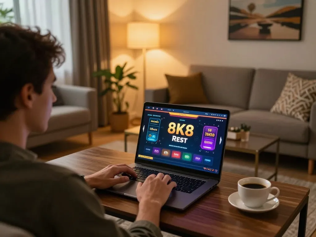 Playing at 8K8 Rest online casino with a cozy home setup and engaging interface.