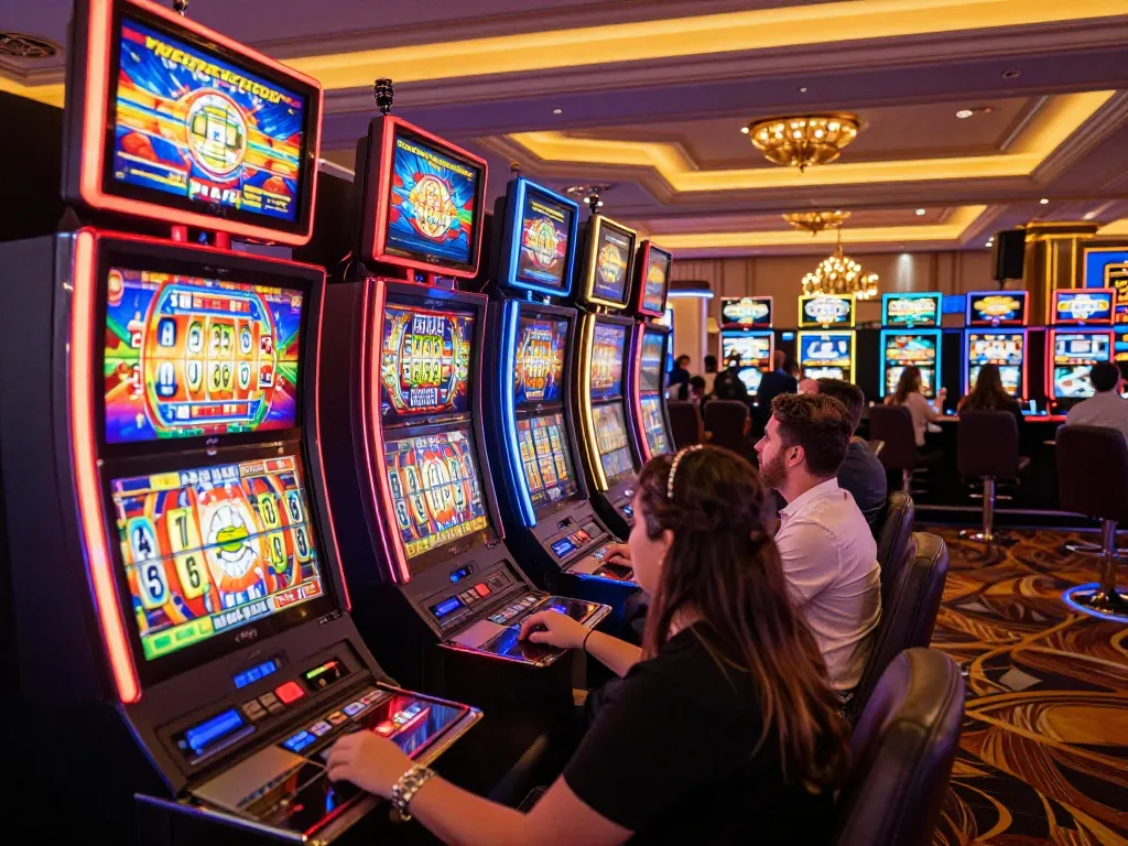 Players enjoying captivating slot machines at luck888 casino, experiencing thrilling gameplay and colorful displays