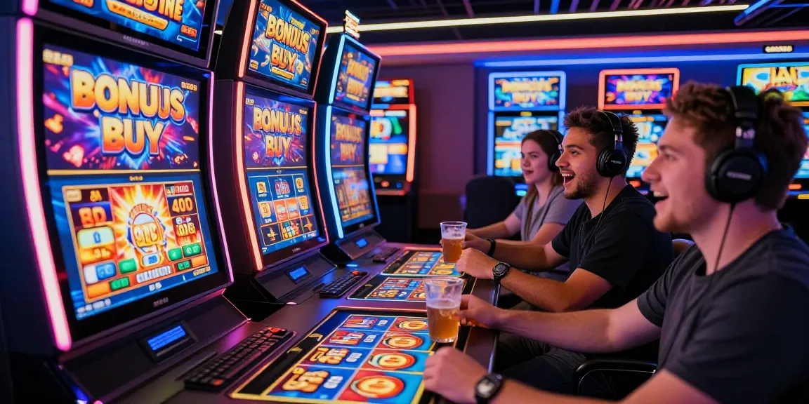 Excited players engaging with Bonus Buy slots at https://cocomaya.co.uk online gaming platform, showcasing vibrant digital displays and thrilling atmosphere.