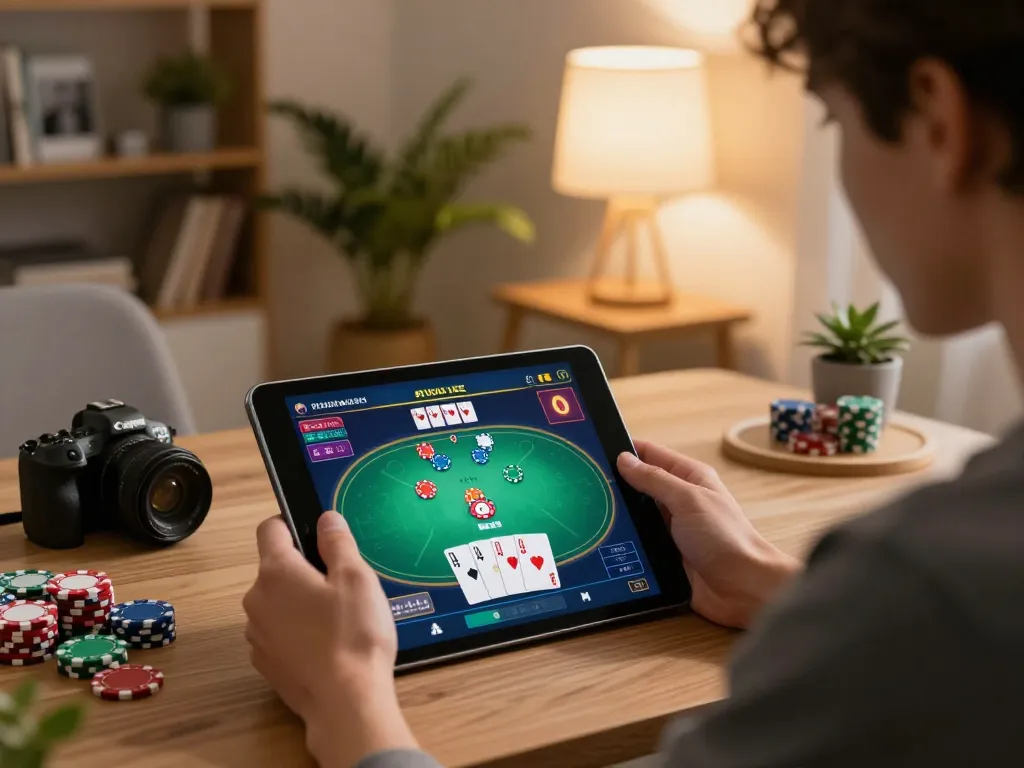 Pengguna yang terlibat sedang bermain poker online v87 di tablet, menampilkan antarmuka permainan yang cerah dan suasana rumah yang nyaman