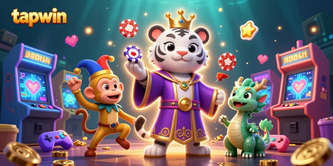 Engage with tapwin’s exciting games featuring animated tiger, monkey, and dragon in a vibrant casino setting.