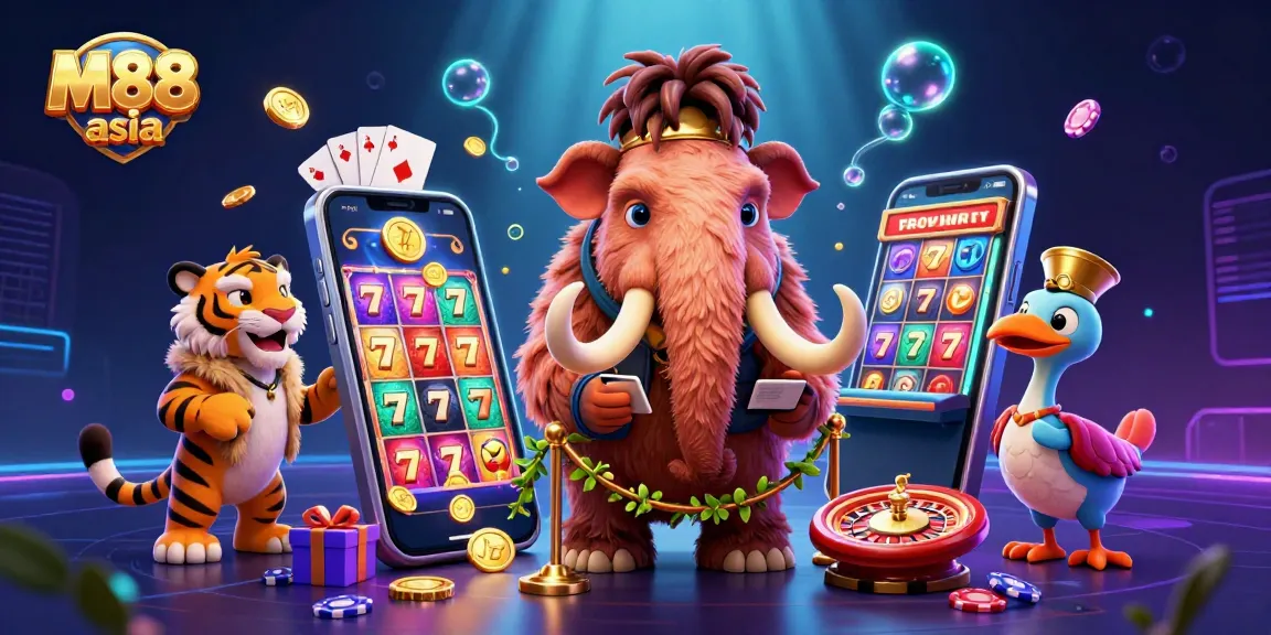 Experience thrill at M88 asia with a vibrant casino scene showcasing exciting slot games and engaging characters.