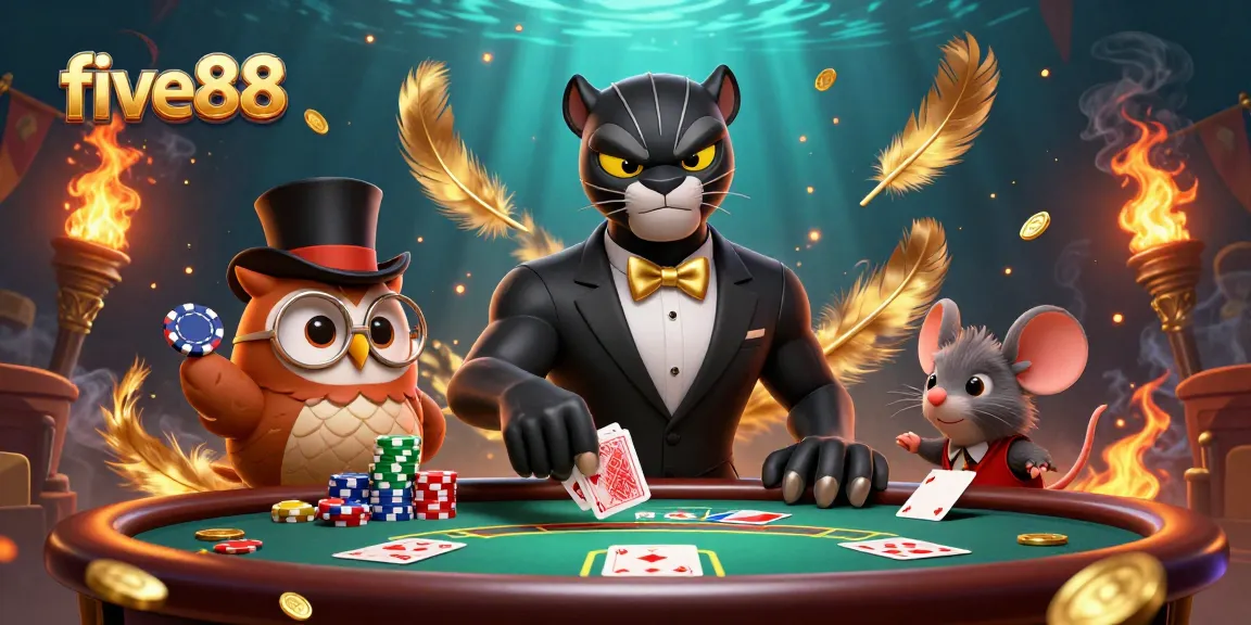 Engage with five88 poker as a stylish panther deals cards, surrounded by vibrant casino elements.