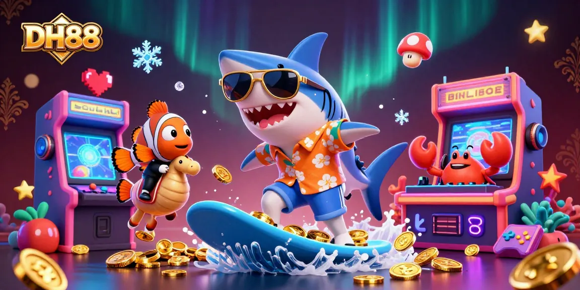 Experience thrilling games at DH88 with a playful shark, seahorse, and DJ crab in a vibrant casino scene.