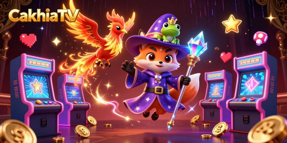 CakhiaTV dazzles with a mystical wizard fox and phoenix in a vibrant casino-themed scene.