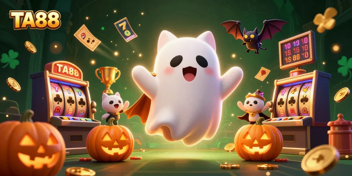 TA88 haunts the casino with a ghost cat and vampire bat amidst glowing slot machines.