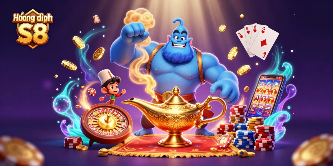 Experience the excitement of Hướng dẫn S8 as the genie brings luck with poker chips and treasures!