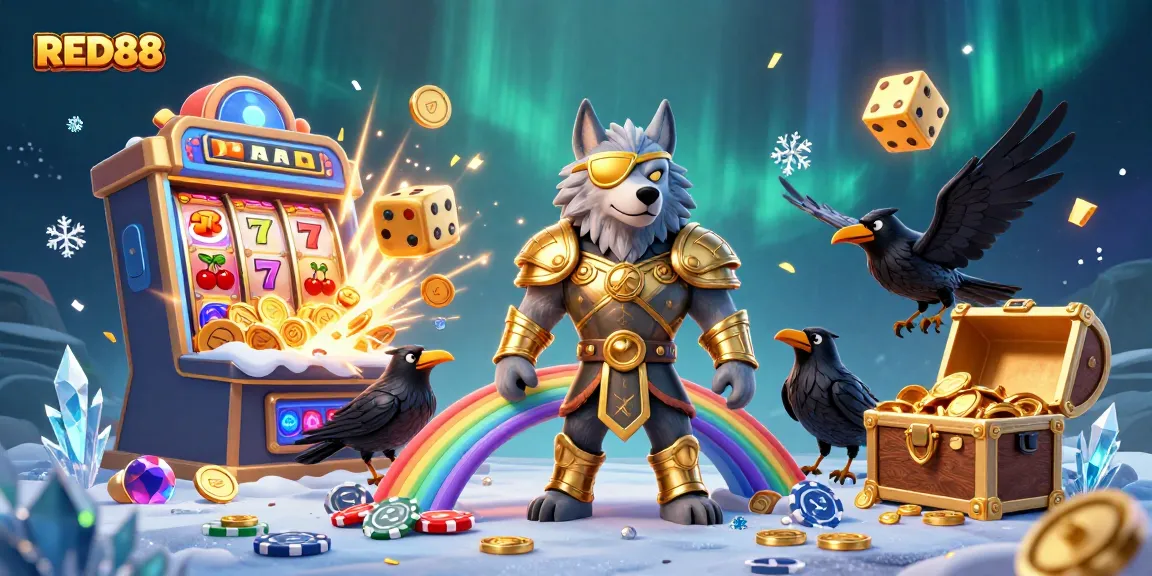 Experience the excitement of RED88 with a vibrant casino fantasy scene featuring iconic symbols and characters.