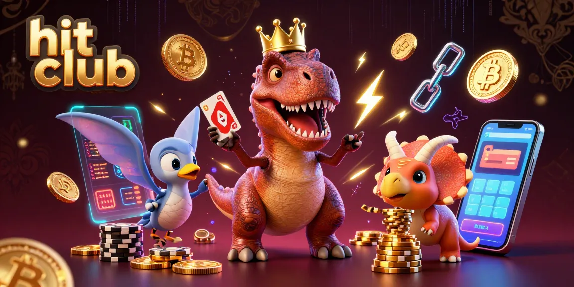 Engage in action at hit club, featuring a T-Rex shuffling gaming cards, coins, and vibrant crypto elements.