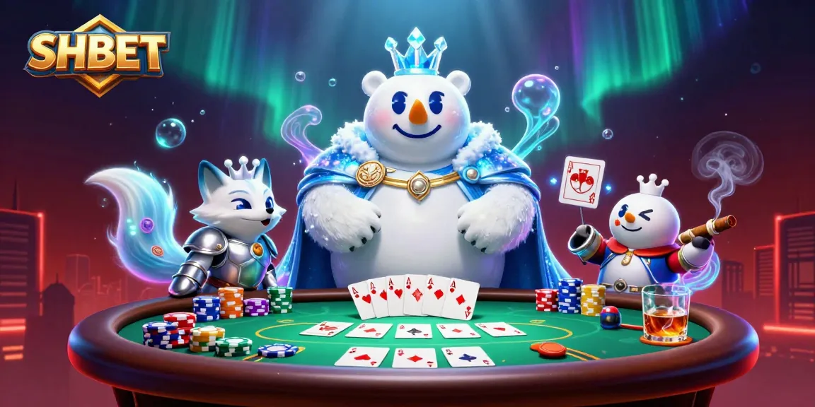 SHBET showcases a vibrant 3D casino scene with characters immersed in a poker game and glowing atmosphere.