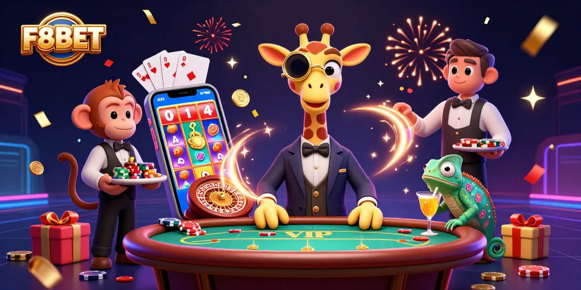 Experience the thrilling world of F8BET with animated casino characters and vibrant gaming elements.