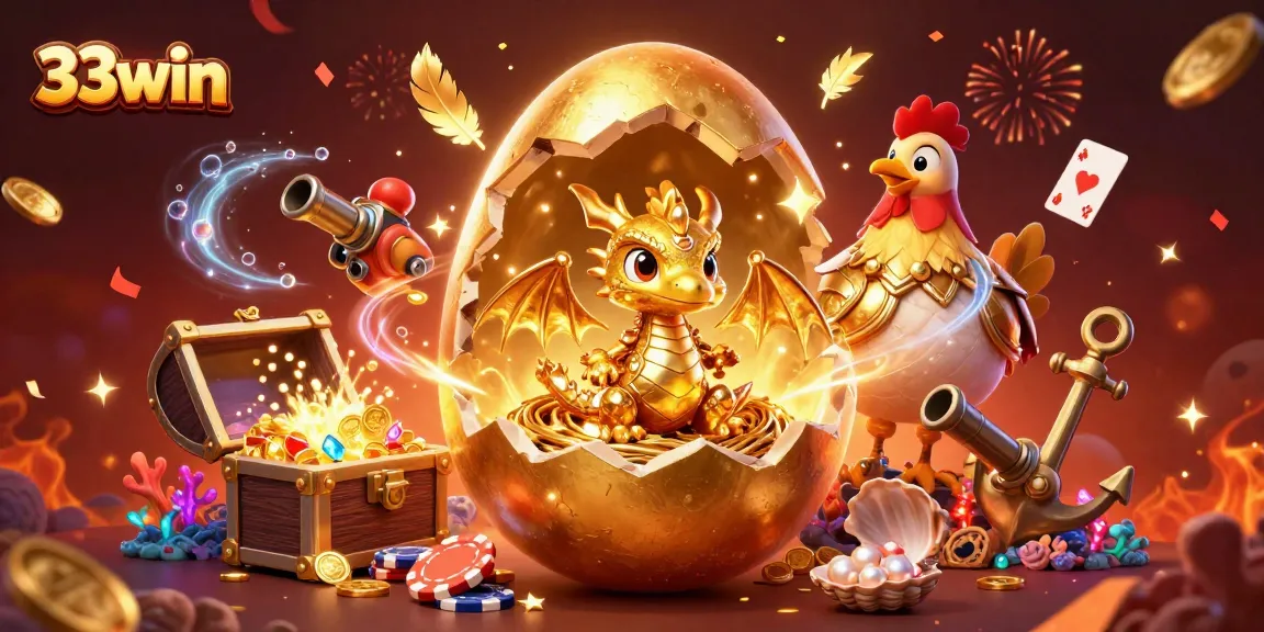 Excite your game with 33win as a golden dragon emerges from poker chips amidst festive celebration.