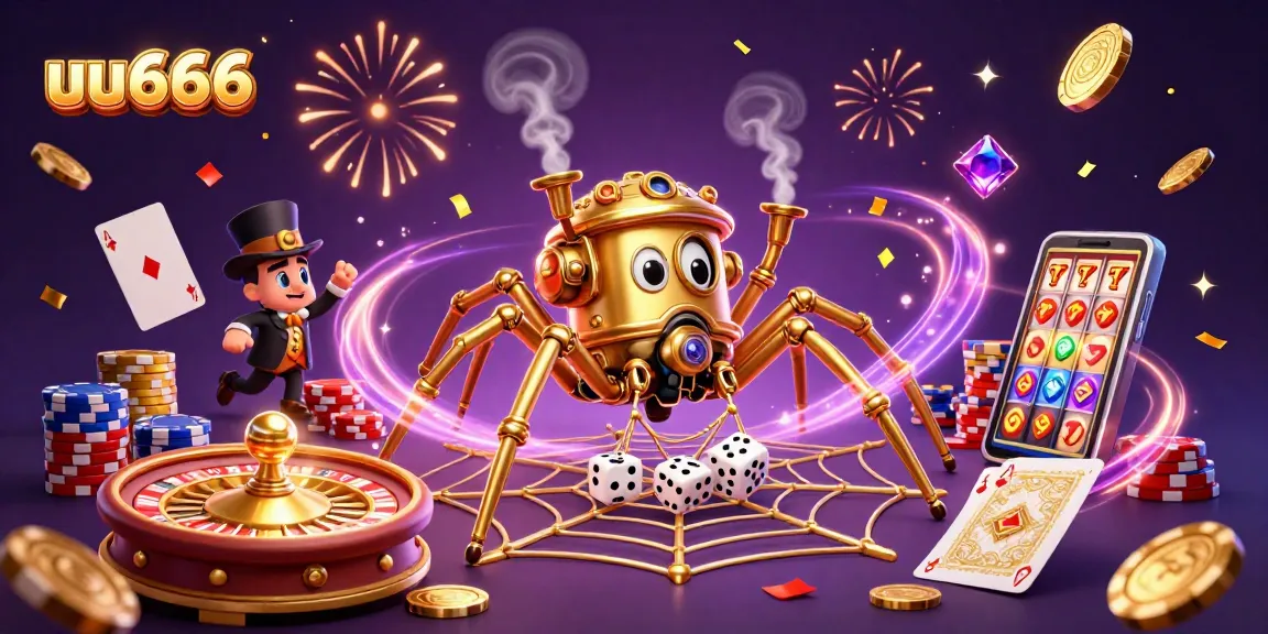 Experience thrilling gameplay at uu666 with a stunning steampunk spider, golden chips, and festive confetti!