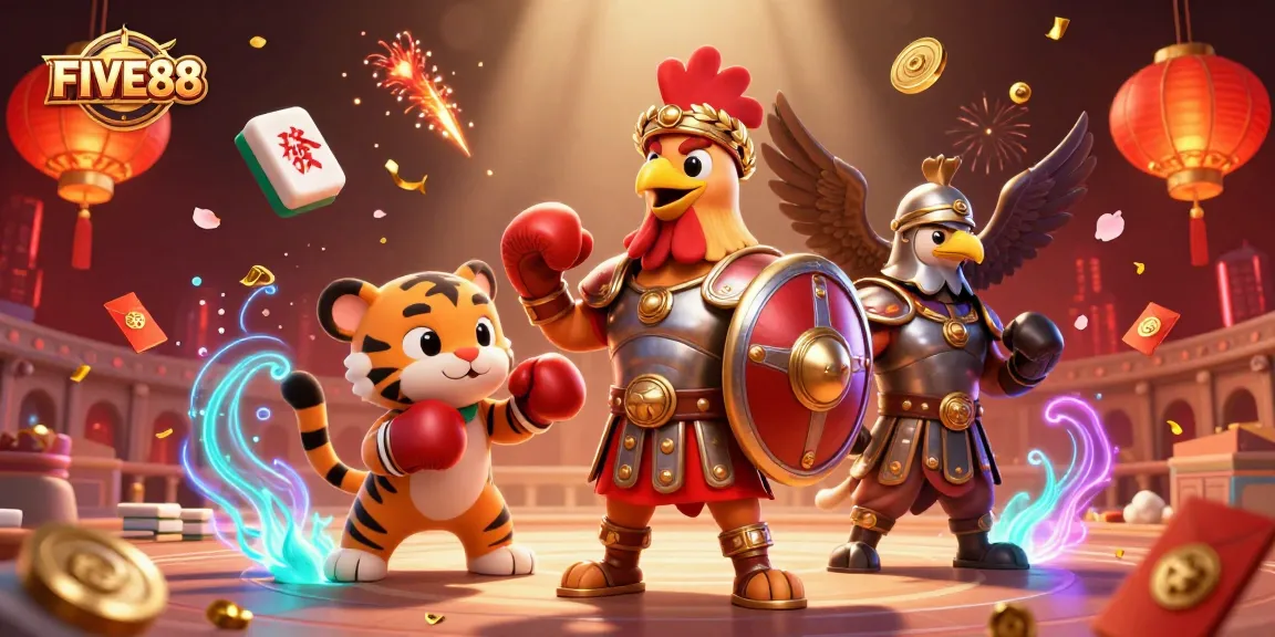 FIVE88 showcases a 3D cartoon gladiator rooster in a dynamic gaming scene filled with vibrant casino elements.